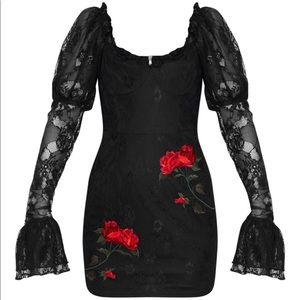 Lace Rose Embroidered long Sleeve Bodycon